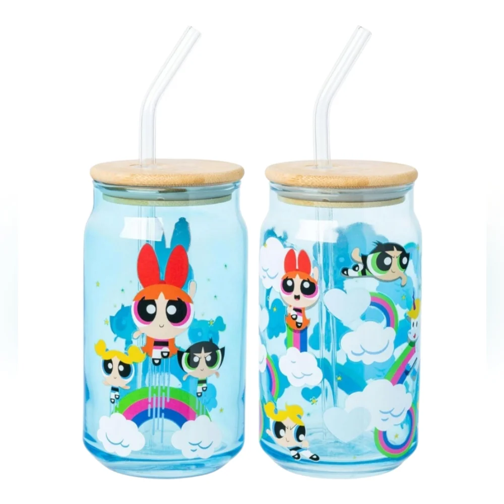 Powerpuff Girls Trio Flying Rainbows and Clouds Blue Glasses